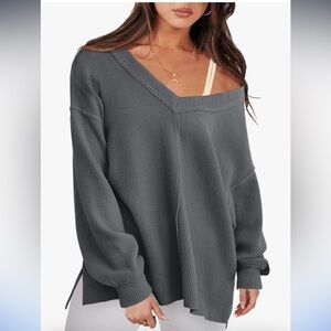 Oversized Long Sleeve Off the Shoulder Sweatshirt V-Neck Tunic